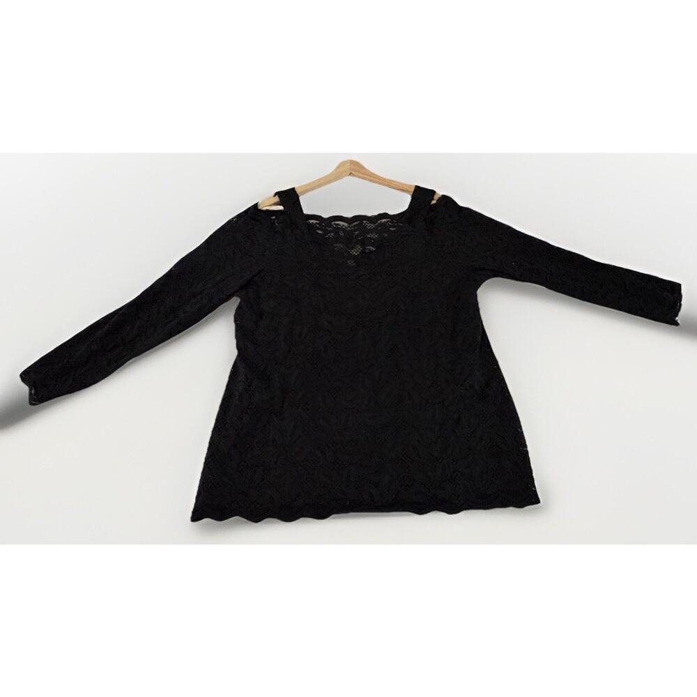 Chico's Black Lace Knit Cold Shoulder Top Square Neck Long Sleeve Size 3 NWT